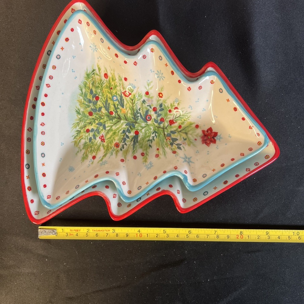 Pioneer Woman Candy Cookie Dish Nesting Set Christmas Tree Holiday Server 2"Deep - Picture 4 of 8